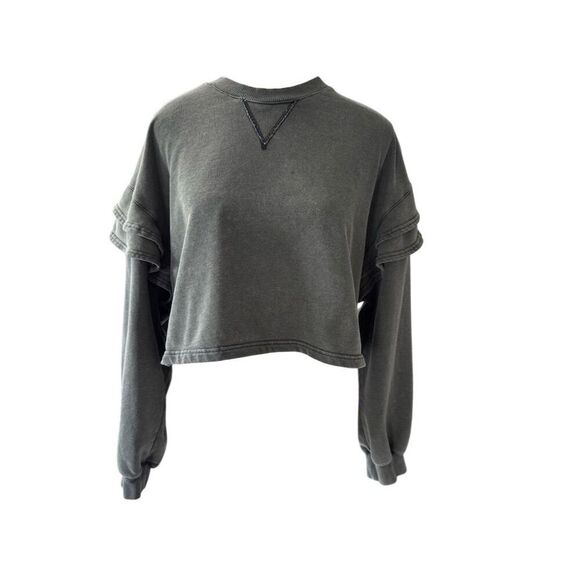 7 For All Mankind Women's Gray Ruffle Sleeve Cropped Sweatshirt Size M - Picture 1 of 12